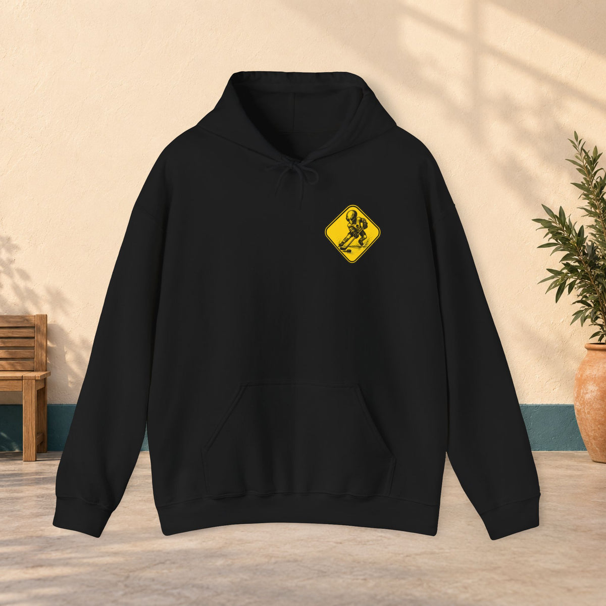 Ski Crossing Hoodie — Yellow Warning Sign Skiing Sweatshirt