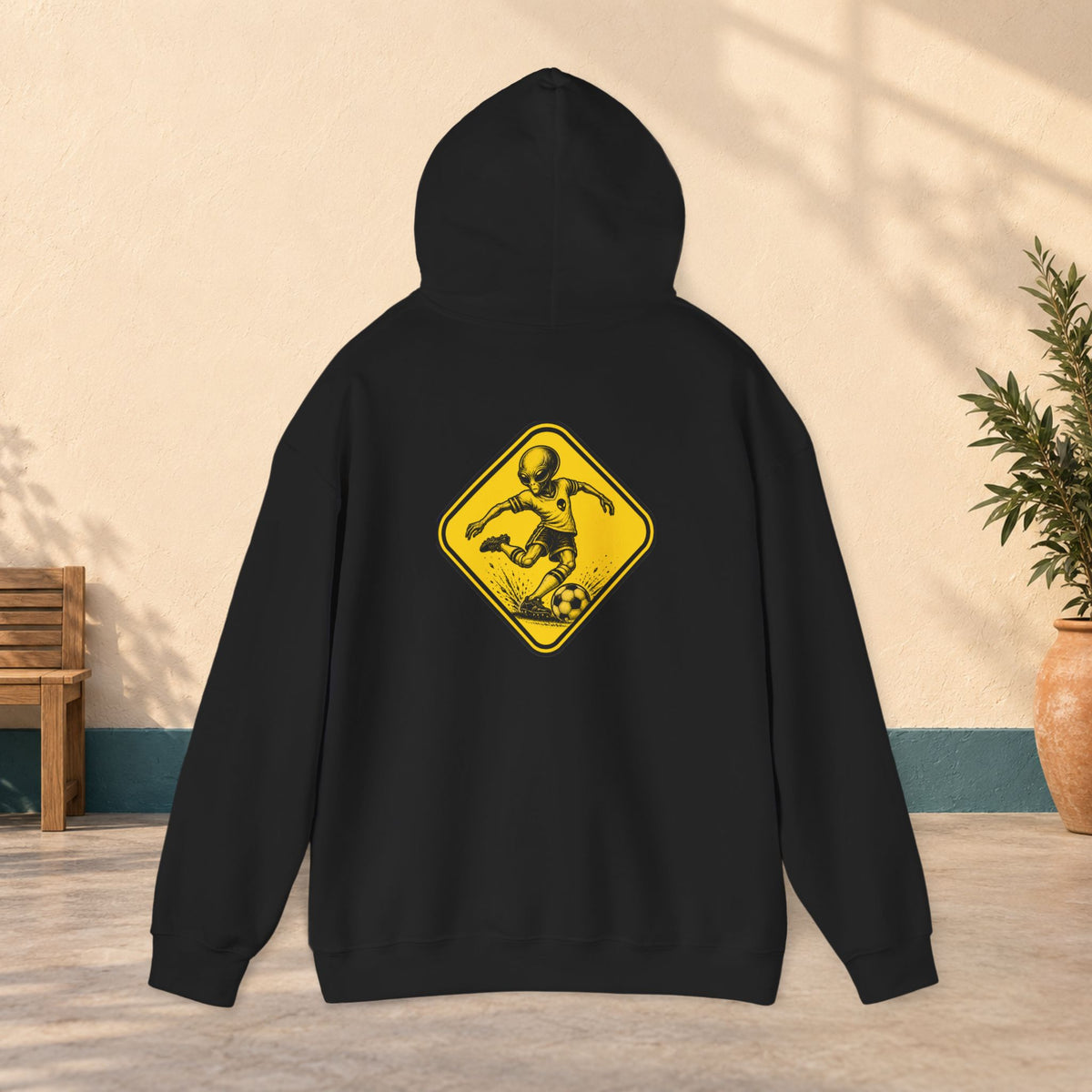 Soccer Player Caution Sign Hoodie — Vintage Yellow Road Sign Football Sweatshirt