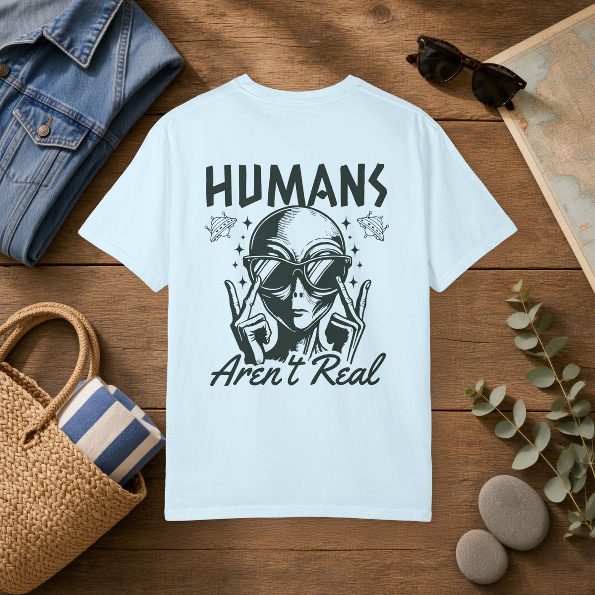 Alien Graphic T-Shirt — "Humans Aren't Real" Retro UFO Tee