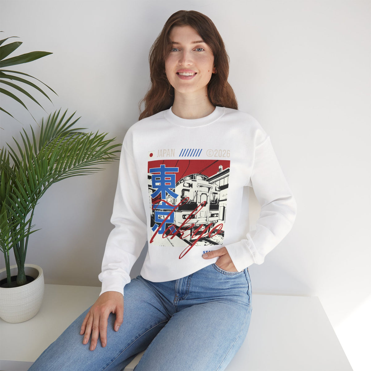 Retro Tokyo Streetwear Crewneck Sweatshirt — Japanese Kanji Cityscape Design