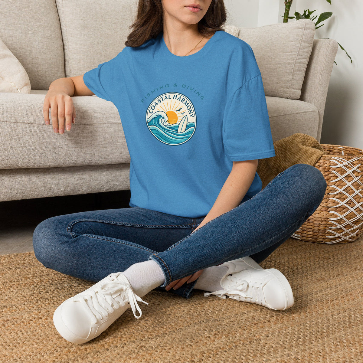 Coastal Harmony Surf & Fishing T-Shirt — Sun, Waves & Surfboard Graphic