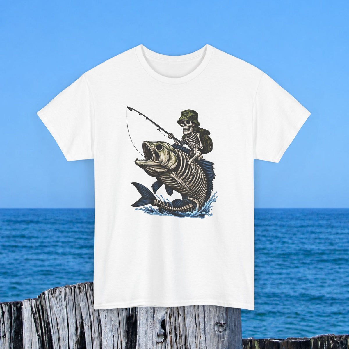 Fishing Skeleton Graphic Tee — Vintage Grim Reaper Angler Shirt
