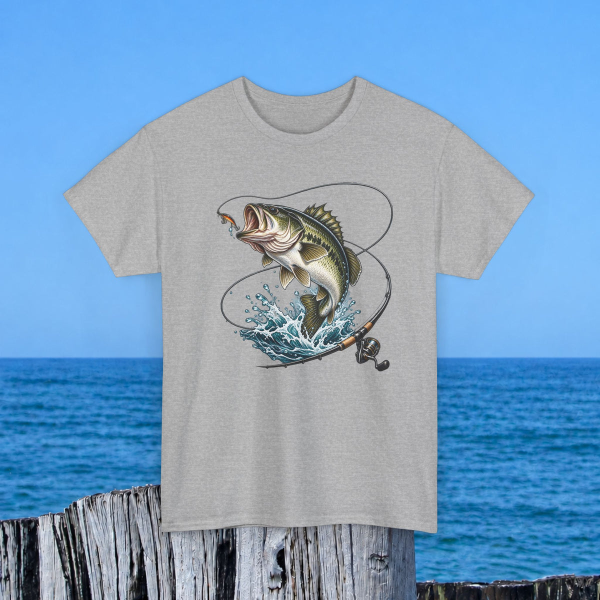 Bass Fishing T-Shirt – Leaping Fish & Reel Graphic Tee