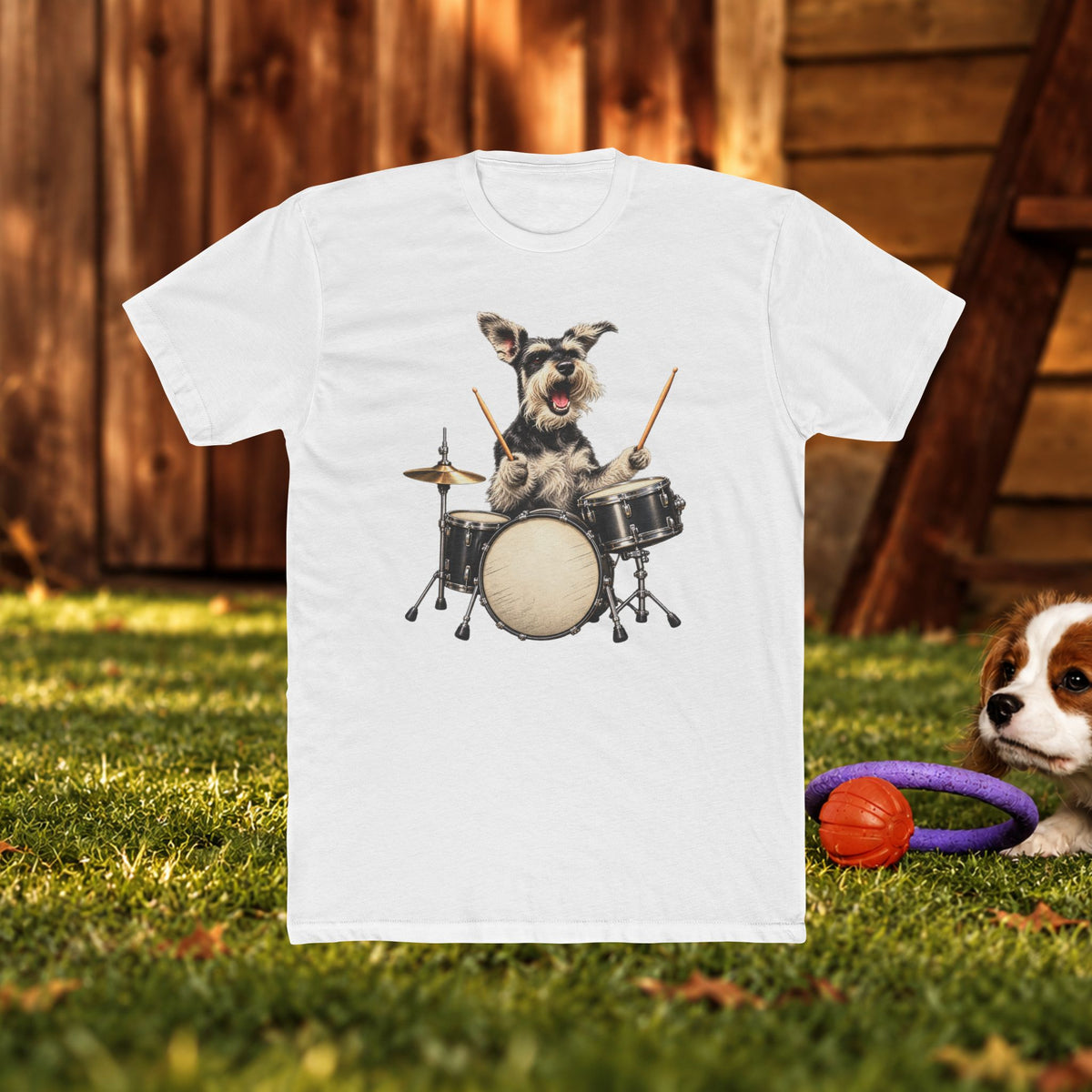 Drumming Dog T‑Shirt — Cute Schnauzer Playing Drums Graphic Tee