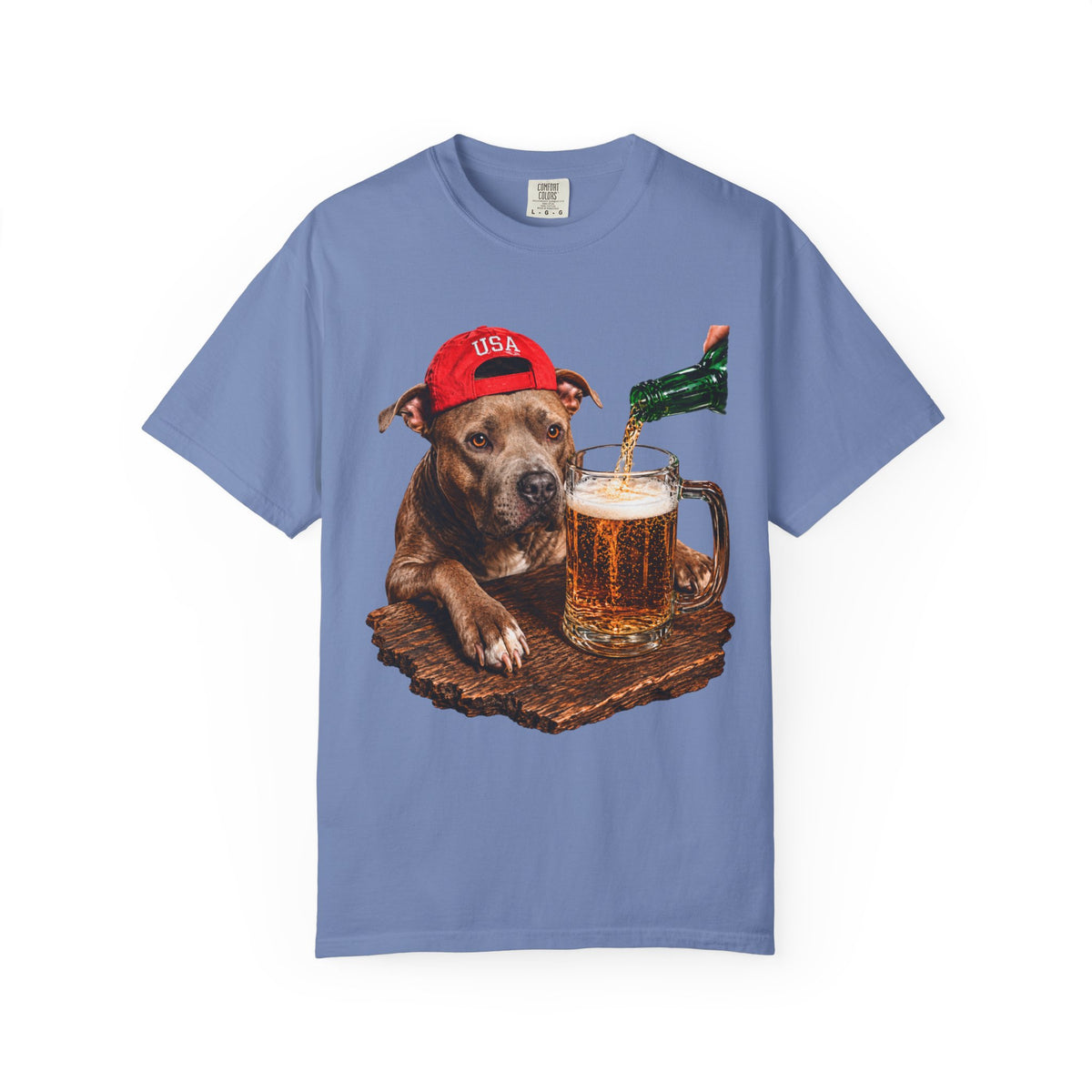 Dog with Beer T-Shirt — USA Red Cap Pitbull Drinking Beer Graphic Tee