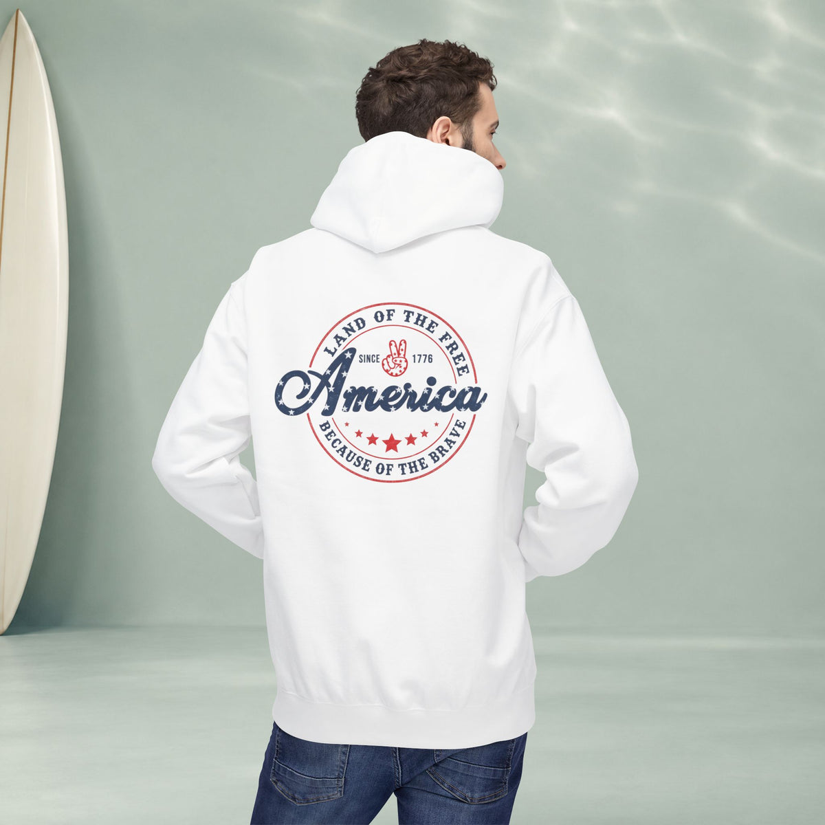America Vintage Badge Hoodie — "Land of the Free, Because of the Brave"