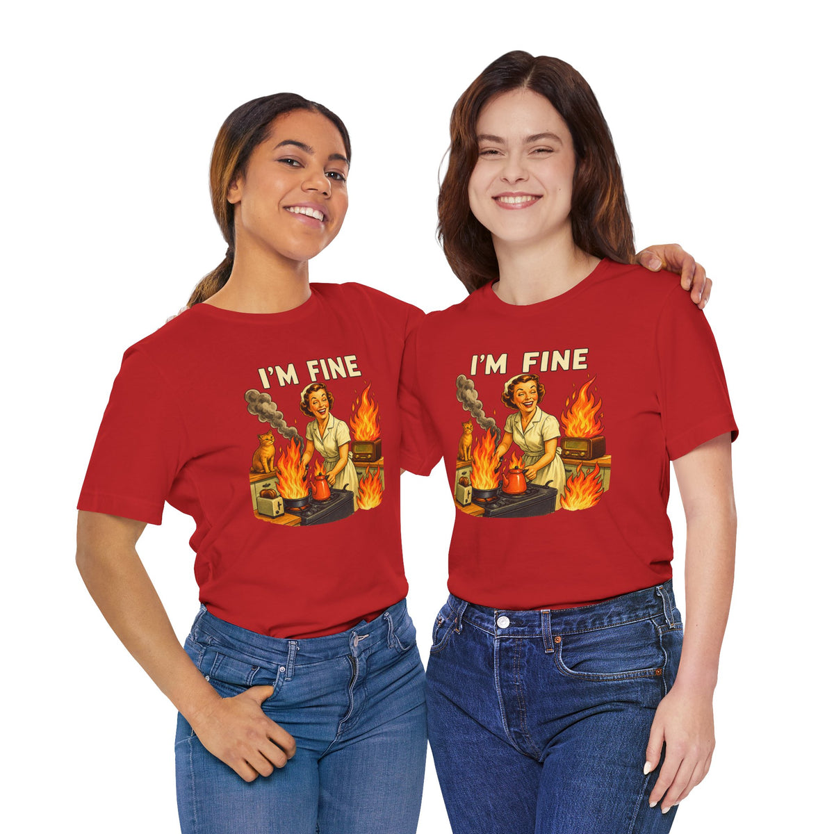 I'm Fine T‑Shirt — Retro Housewife Amid Kitchen Flames Graphic Tee
