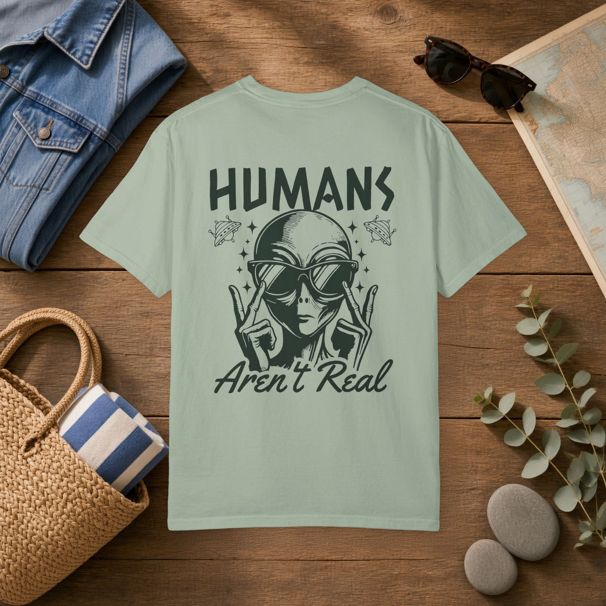 Alien Graphic T-Shirt — "Humans Aren't Real" Retro UFO Tee