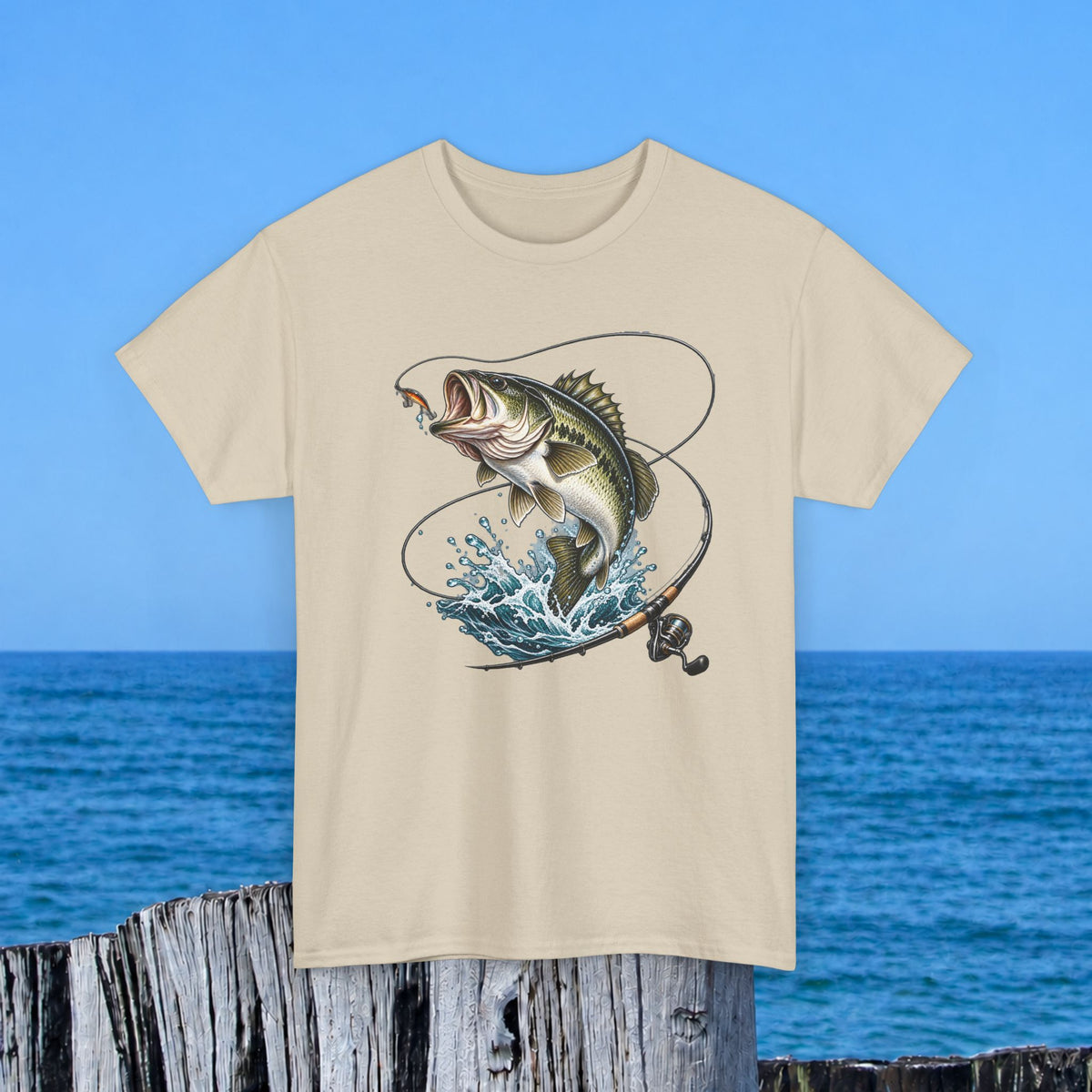 Bass Fishing T-Shirt – Leaping Fish & Reel Graphic Tee
