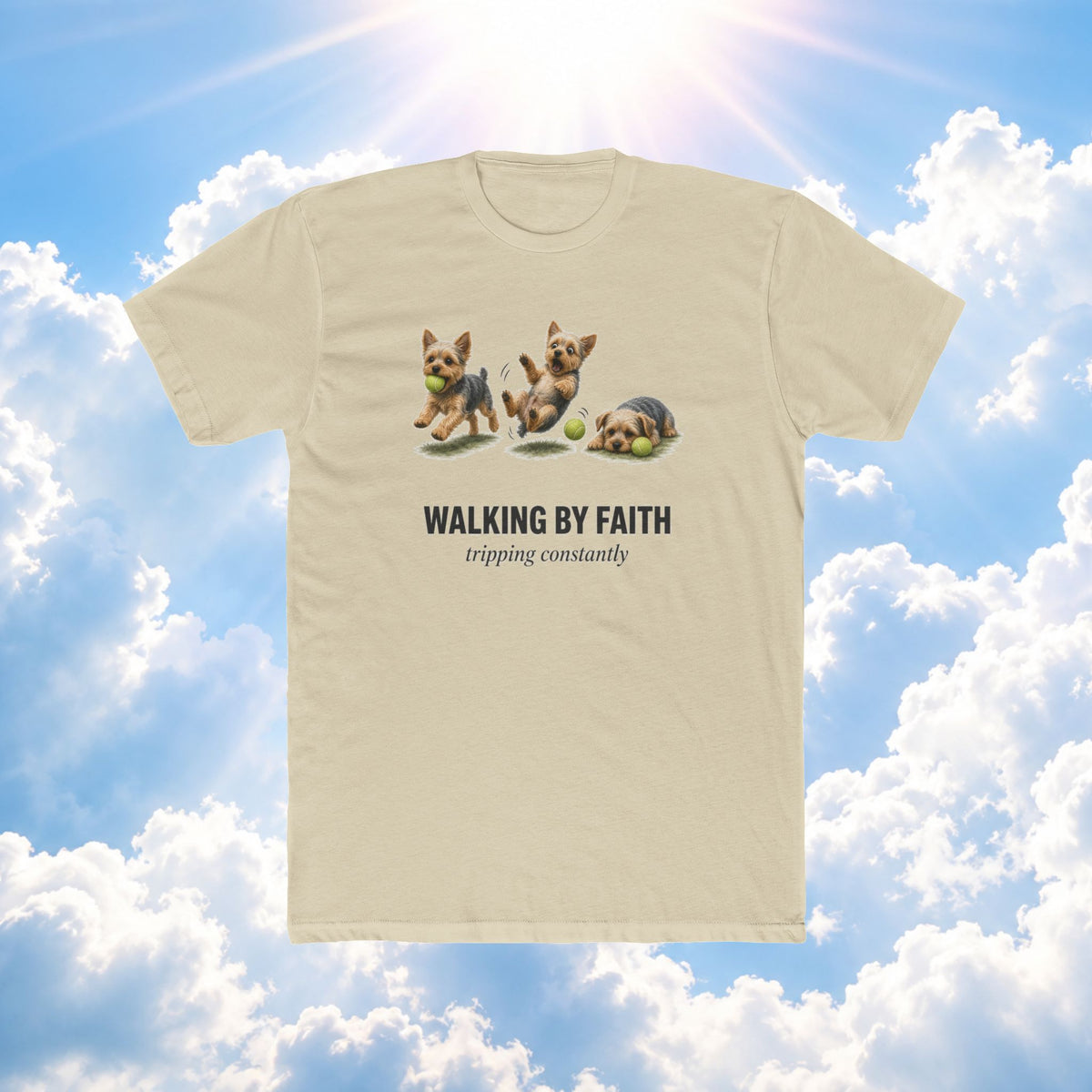 Walking by Faith Tee – Cute Puppy 'Walking By Faith, tripping constantly' Christian Graphic T-Shirt