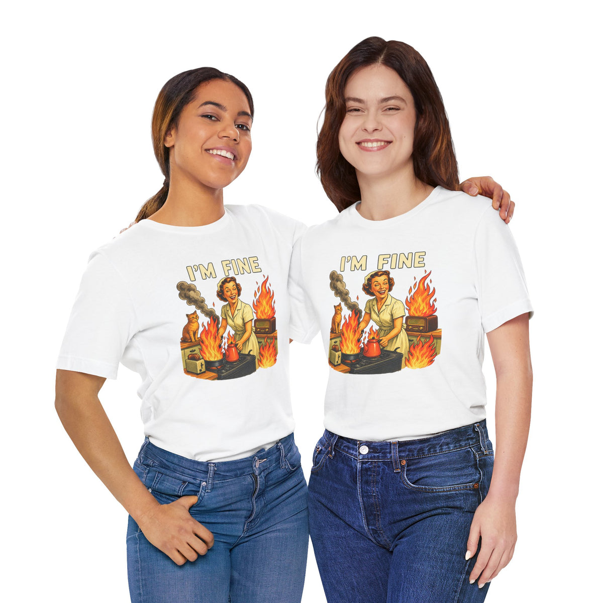 I'm Fine T‑Shirt — Retro Housewife Amid Kitchen Flames Graphic Tee