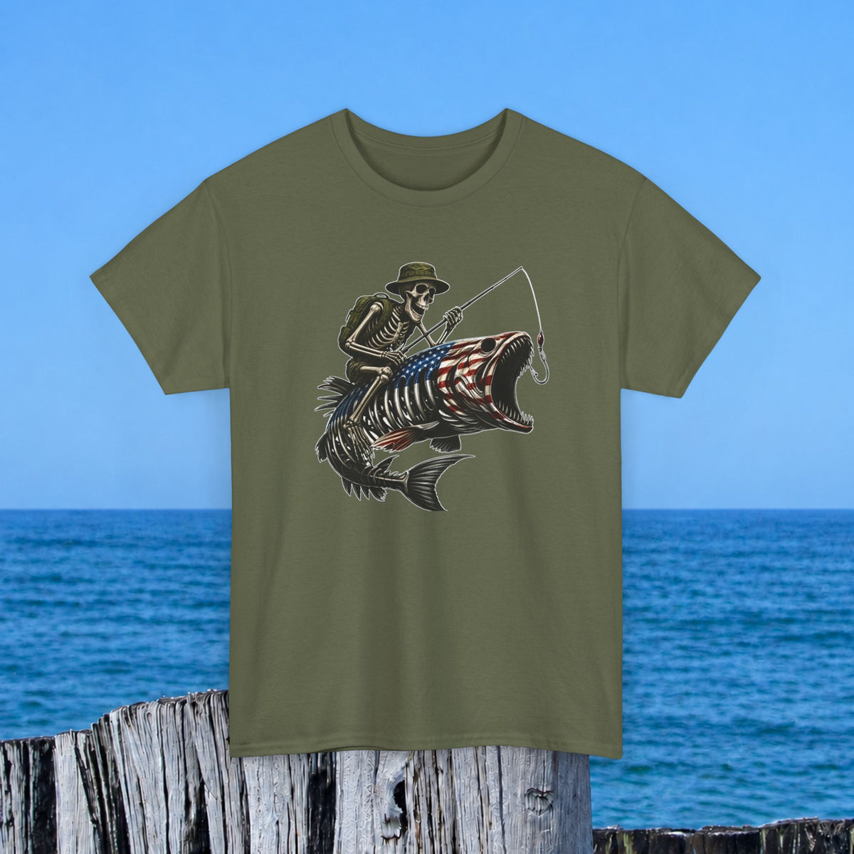 Fishing Skeleton T-Shirt — Patriotic American Fish Skull Graphic Tee