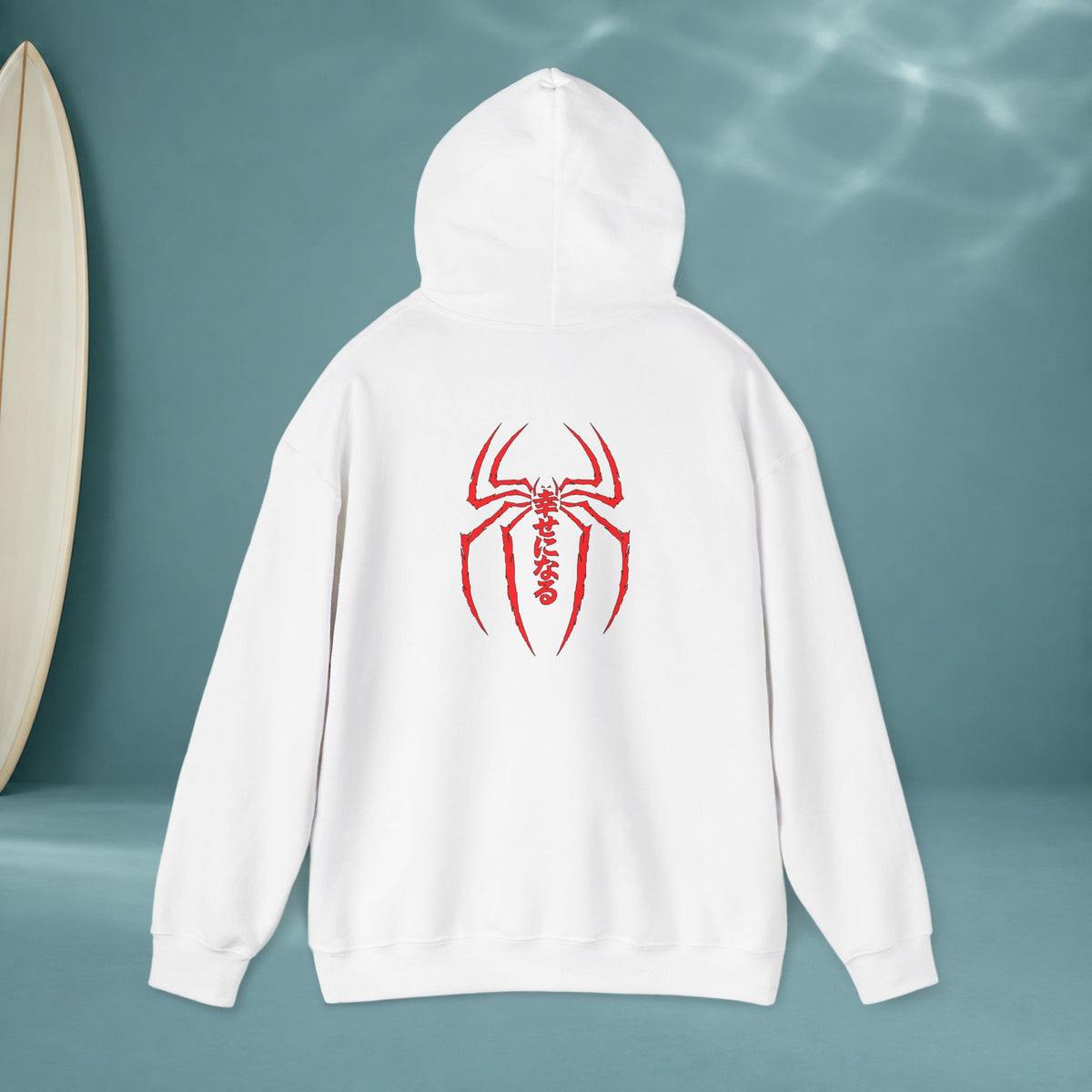 Spider Emblem Hoodie — Red Kanji Back Graphic