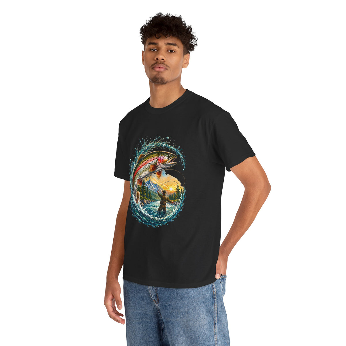 Fishing T-Shirt — Rainbow Trout Wave Design (Fisherman Sunset Scene)