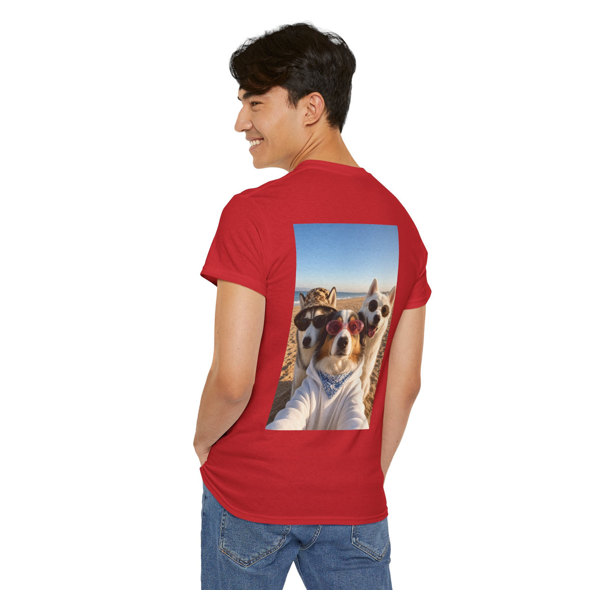 Dog Selfie Beach T‑Shirt — Cute Trio Sunglasses Photo Tee