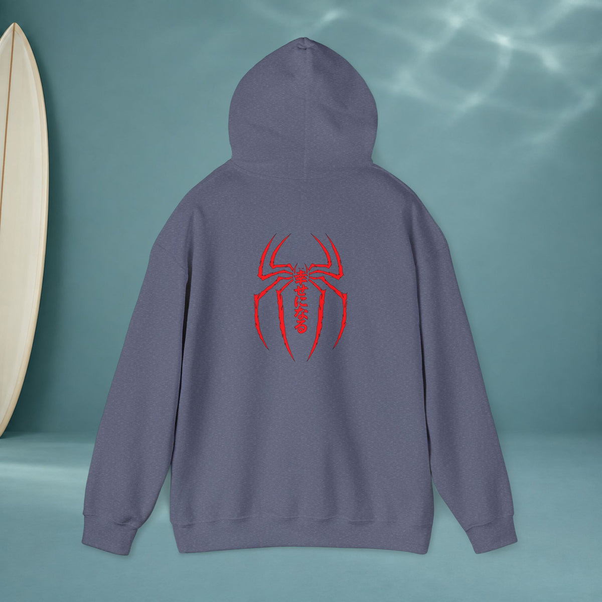 Spider Emblem Hoodie — Red Kanji Back Graphic