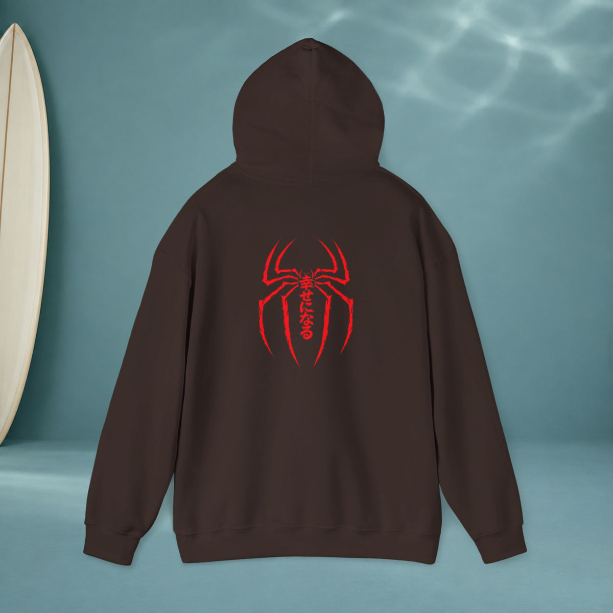 Spider Emblem Hoodie — Red Kanji Back Graphic