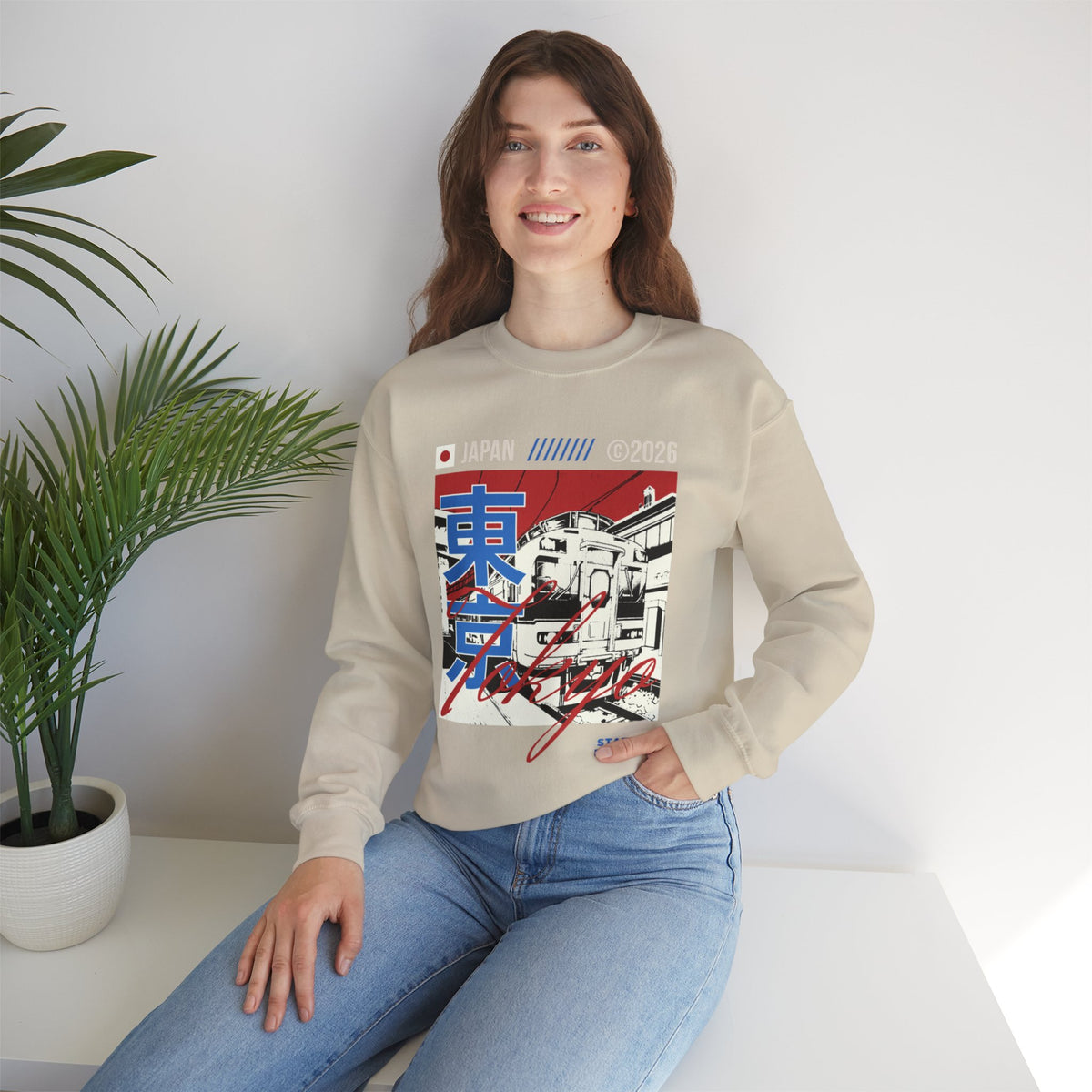 Retro Tokyo Streetwear Crewneck Sweatshirt — Japanese Kanji Cityscape Design