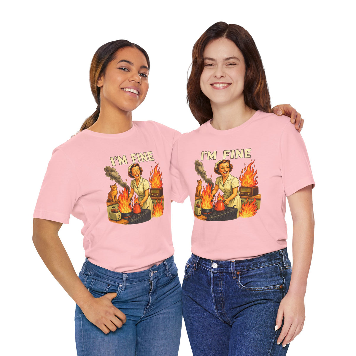 I'm Fine T‑Shirt — Retro Housewife Amid Kitchen Flames Graphic Tee