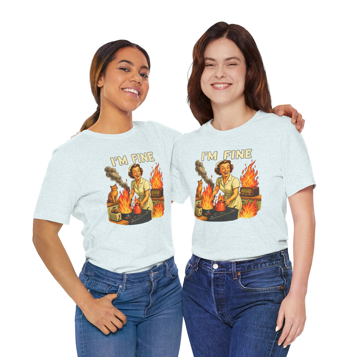 I'm Fine T‑Shirt — Retro Housewife Amid Kitchen Flames Graphic Tee