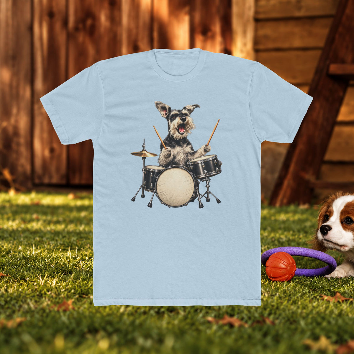 Drumming Dog T‑Shirt — Cute Schnauzer Playing Drums Graphic Tee