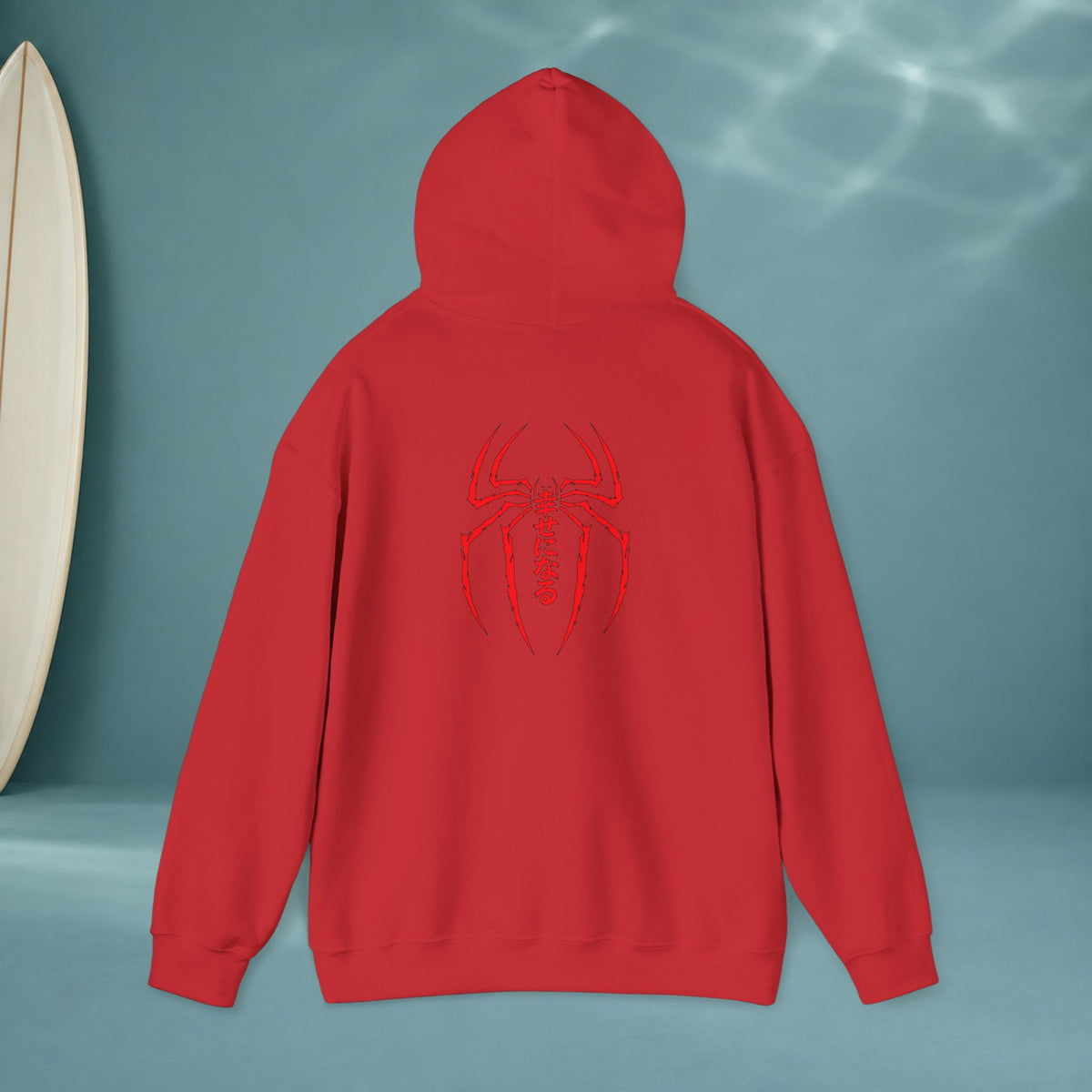 Spider Emblem Hoodie — Red Kanji Back Graphic