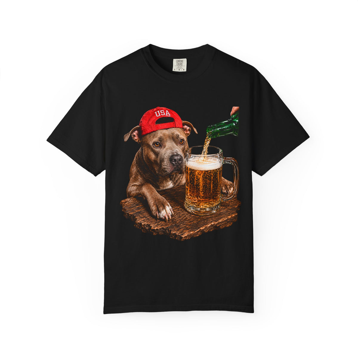 Dog with Beer T-Shirt — USA Red Cap Pitbull Drinking Beer Graphic Tee