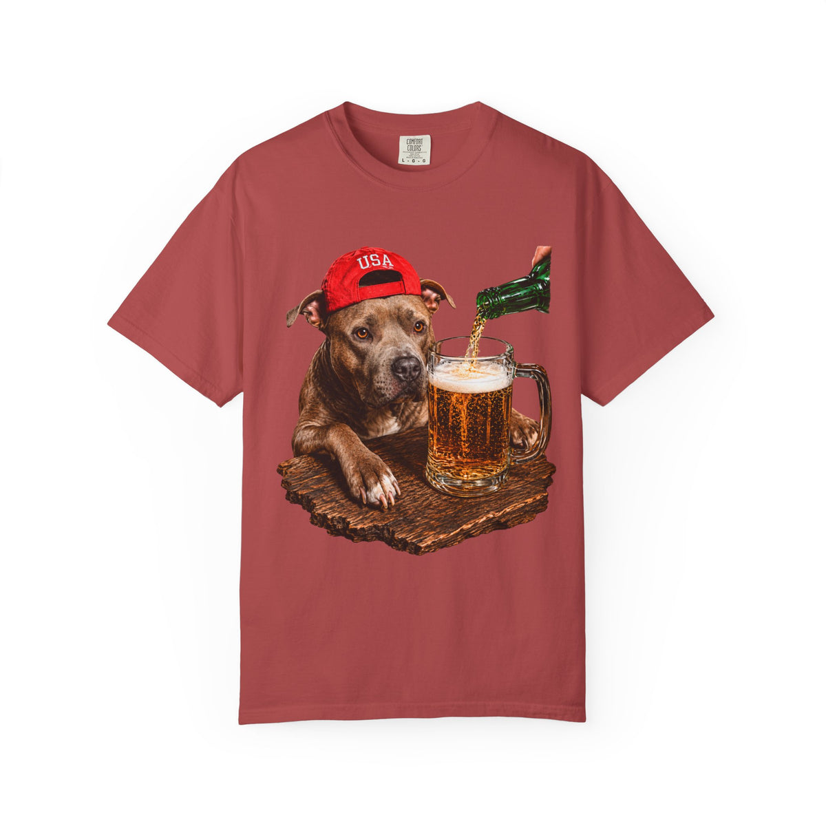 Dog with Beer T-Shirt — USA Red Cap Pitbull Drinking Beer Graphic Tee