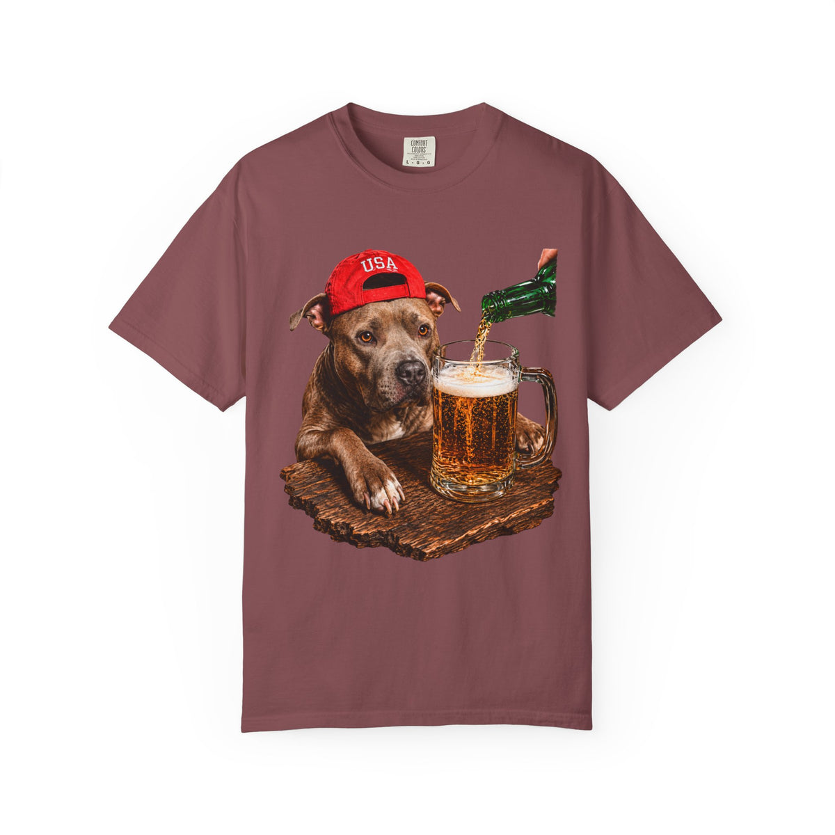 Dog with Beer T-Shirt — USA Red Cap Pitbull Drinking Beer Graphic Tee