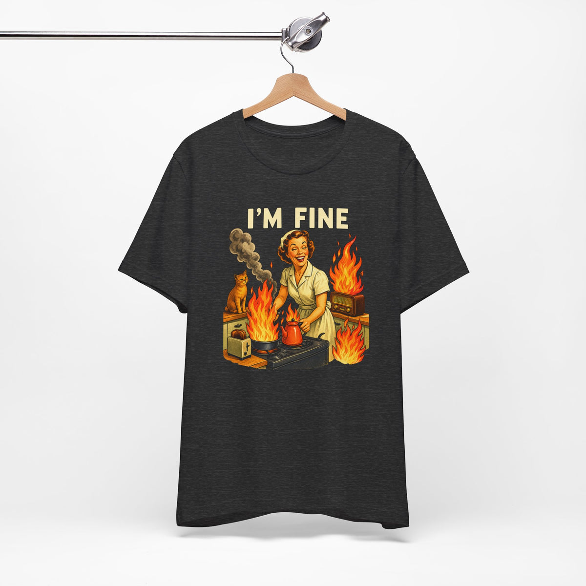I'm Fine T‑Shirt — Retro Housewife Amid Kitchen Flames Graphic Tee