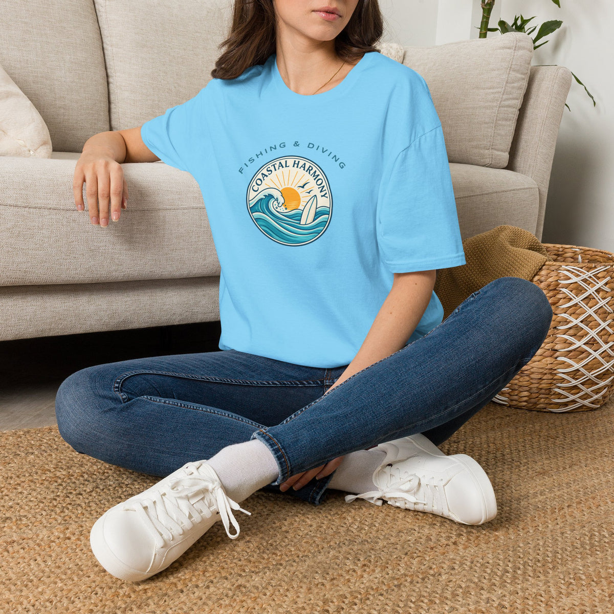 Coastal Harmony Surf & Fishing T-Shirt — Sun, Waves & Surfboard Graphic