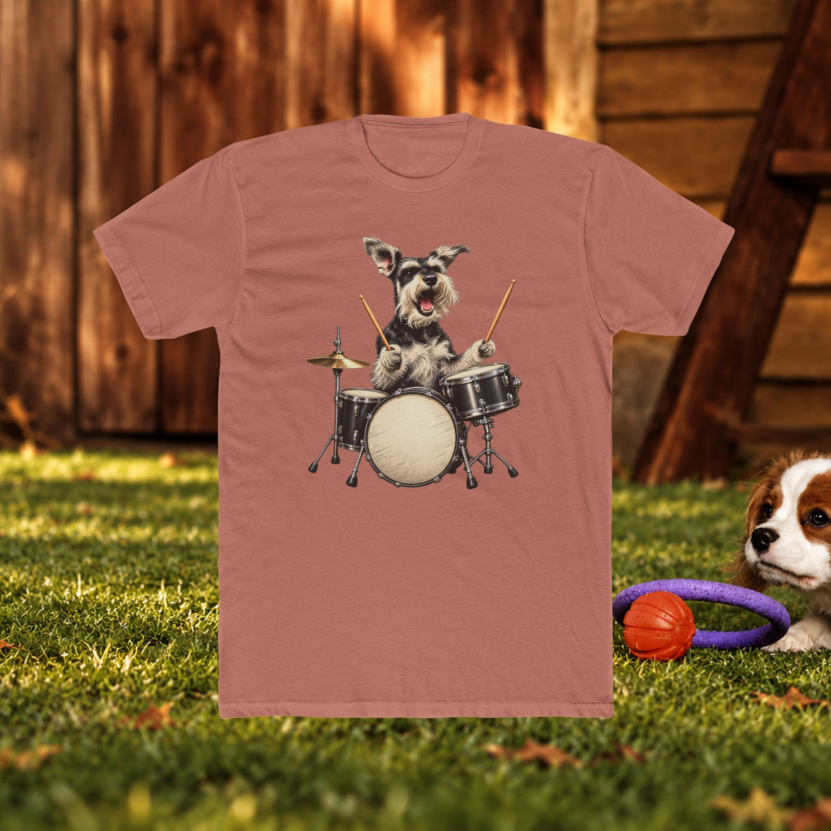 Drumming Dog T‑Shirt — Cute Schnauzer Playing Drums Graphic Tee