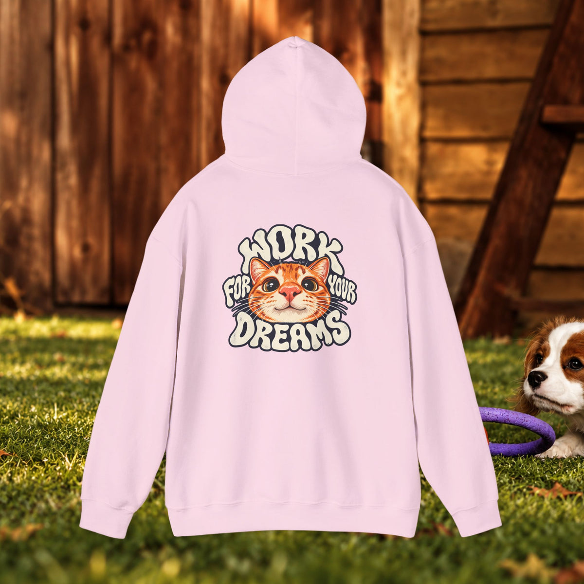 Hoodie - "Work For Your Dreams" Cute Cat Retro Graphic Hooded Sweatshirt