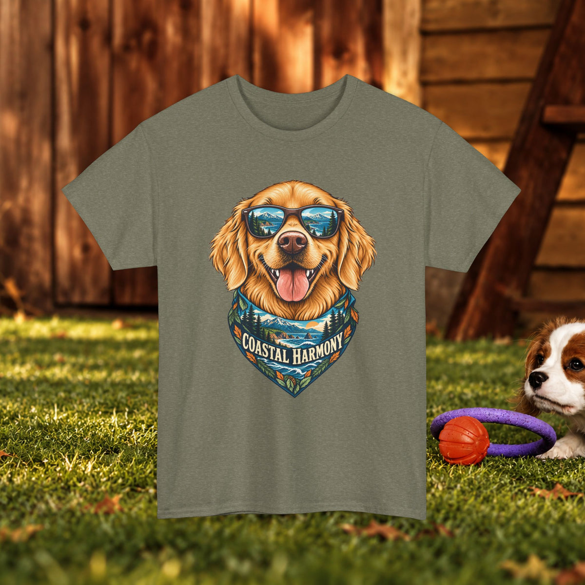 Golden Retriever Coastal Harmony T-Shirt — Dog Lover Beach Tee