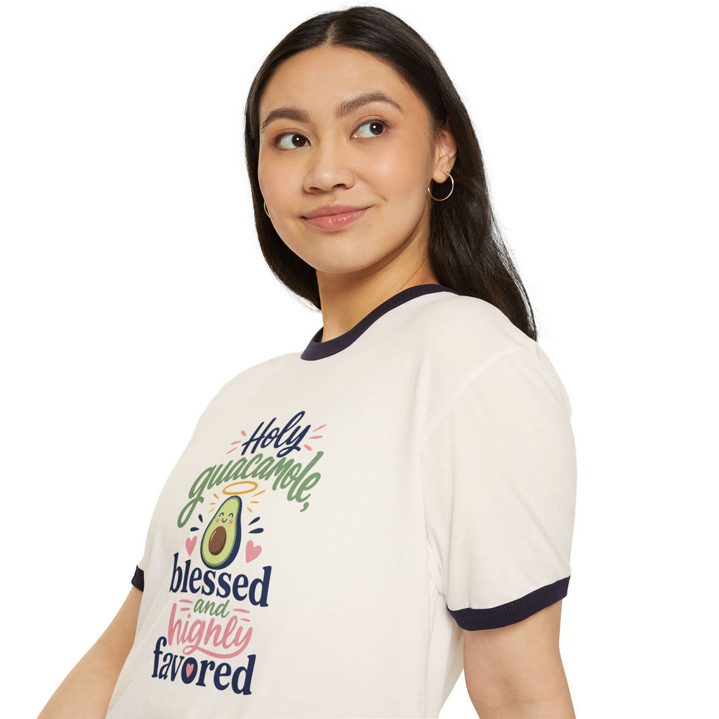 Holy Guacamole Avocado Ringer Tee — "Blessed and Highly Favored" Graphic T-Shirt