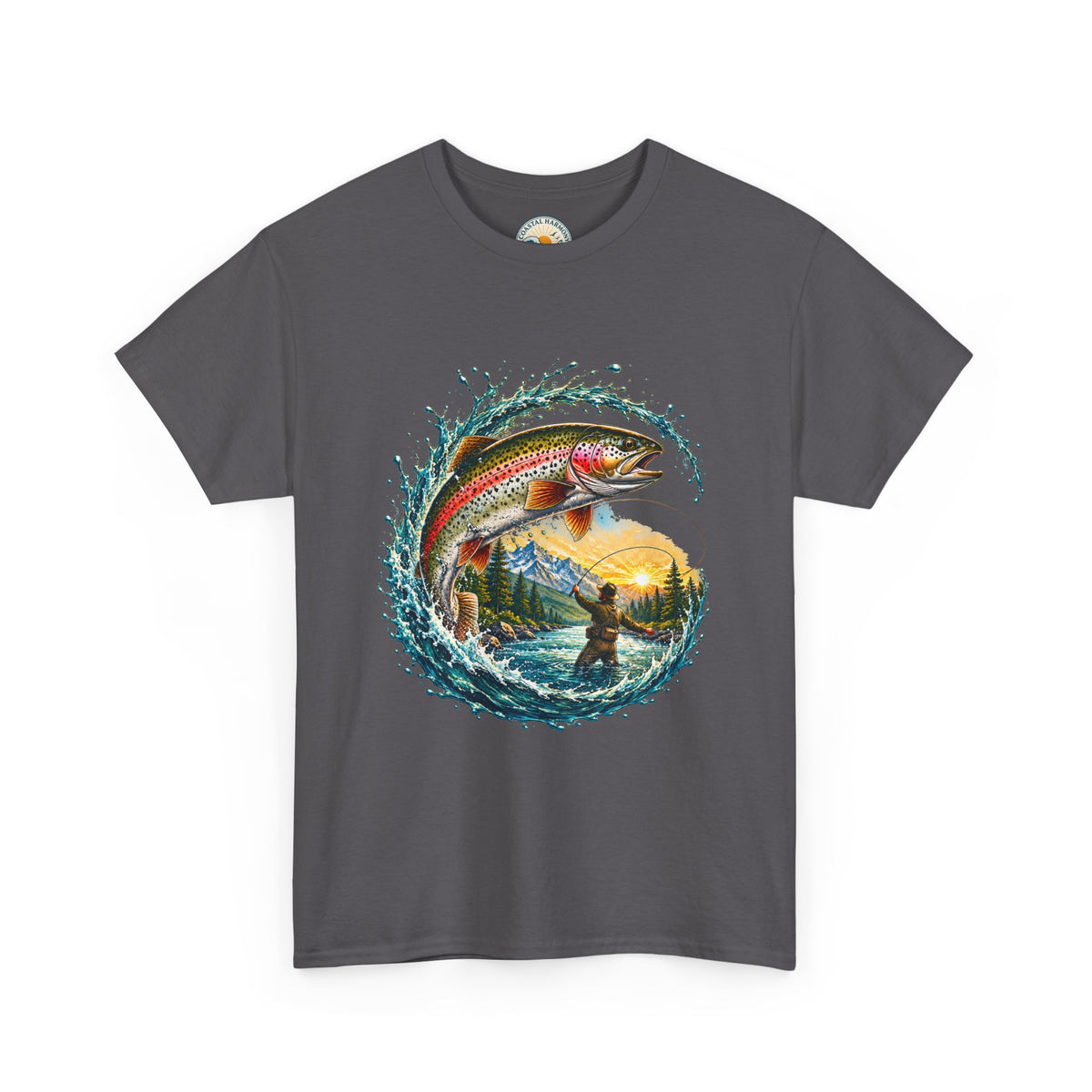Fishing T-Shirt — Rainbow Trout Wave Design (Fisherman Sunset Scene)