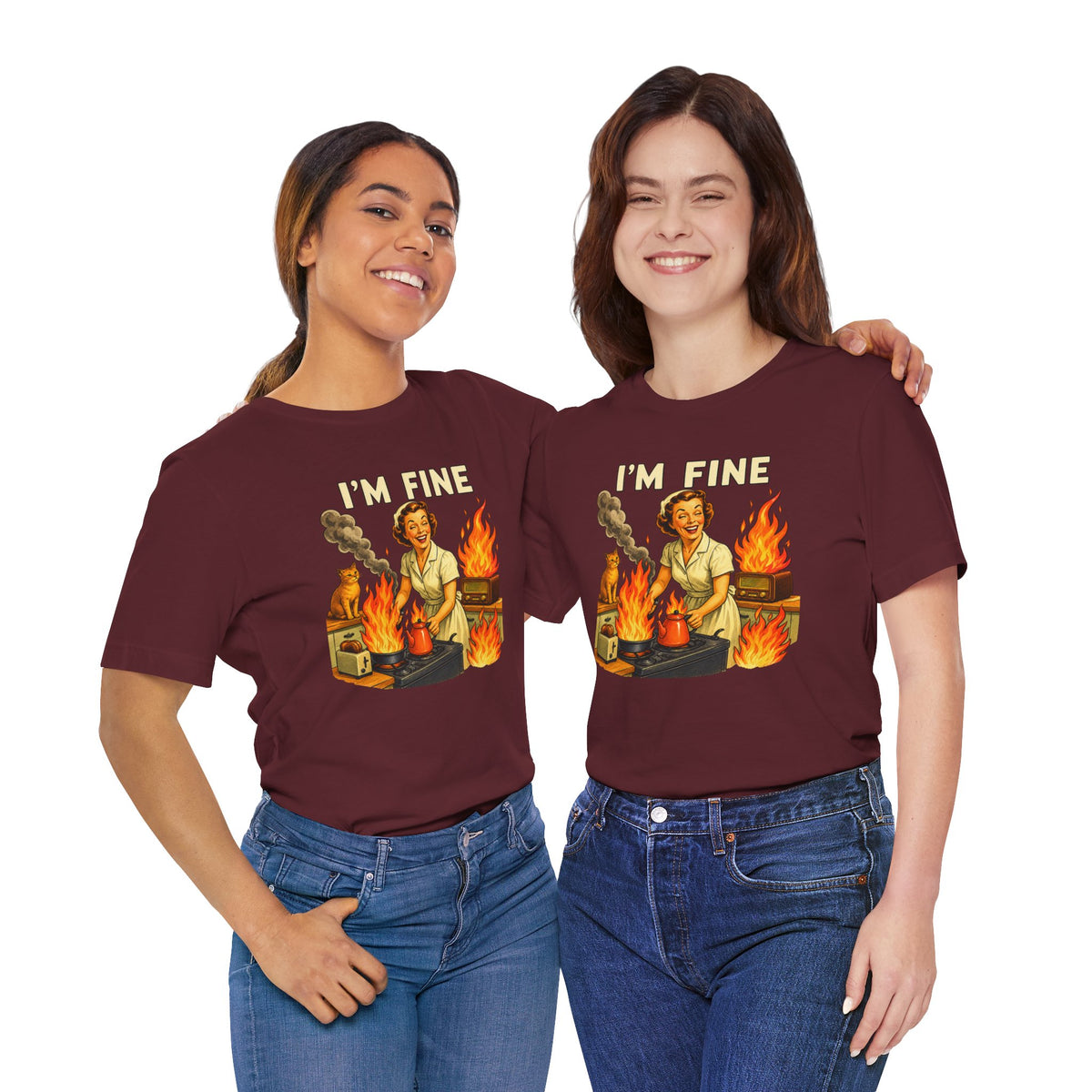 I'm Fine T‑Shirt — Retro Housewife Amid Kitchen Flames Graphic Tee