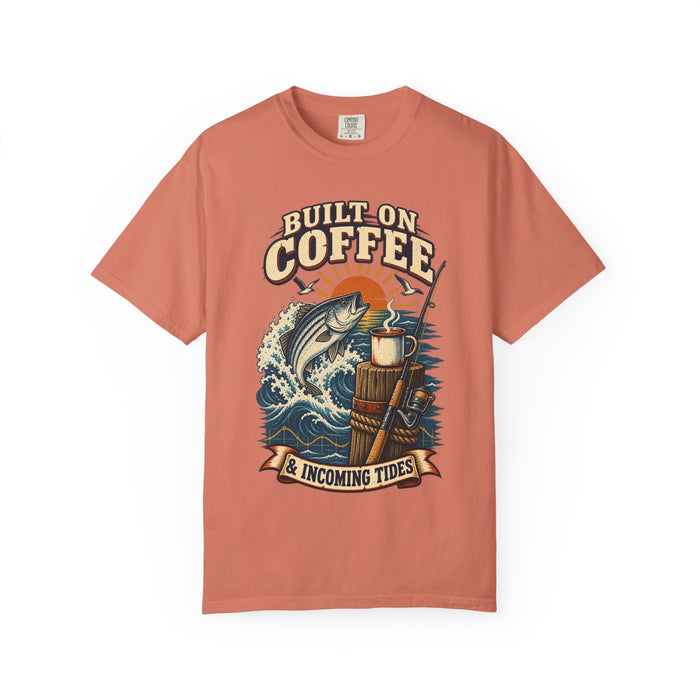 T-Shirt — "Built on Coffee & Incoming Tides" Fishing Coffee Graphic Tee