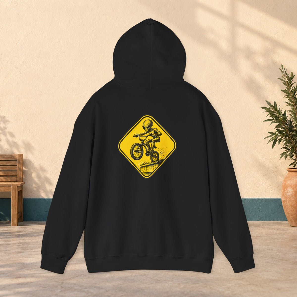 Jump Rider Hoodie — Yellow Warning Sign Graphic Pullover