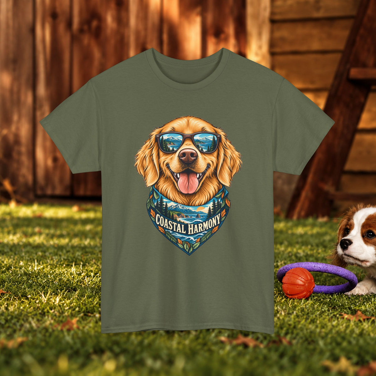 Golden Retriever Coastal Harmony T-Shirt — Dog Lover Beach Tee