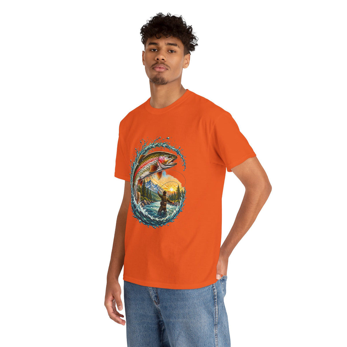 Fishing T-Shirt — Rainbow Trout Wave Design (Fisherman Sunset Scene)
