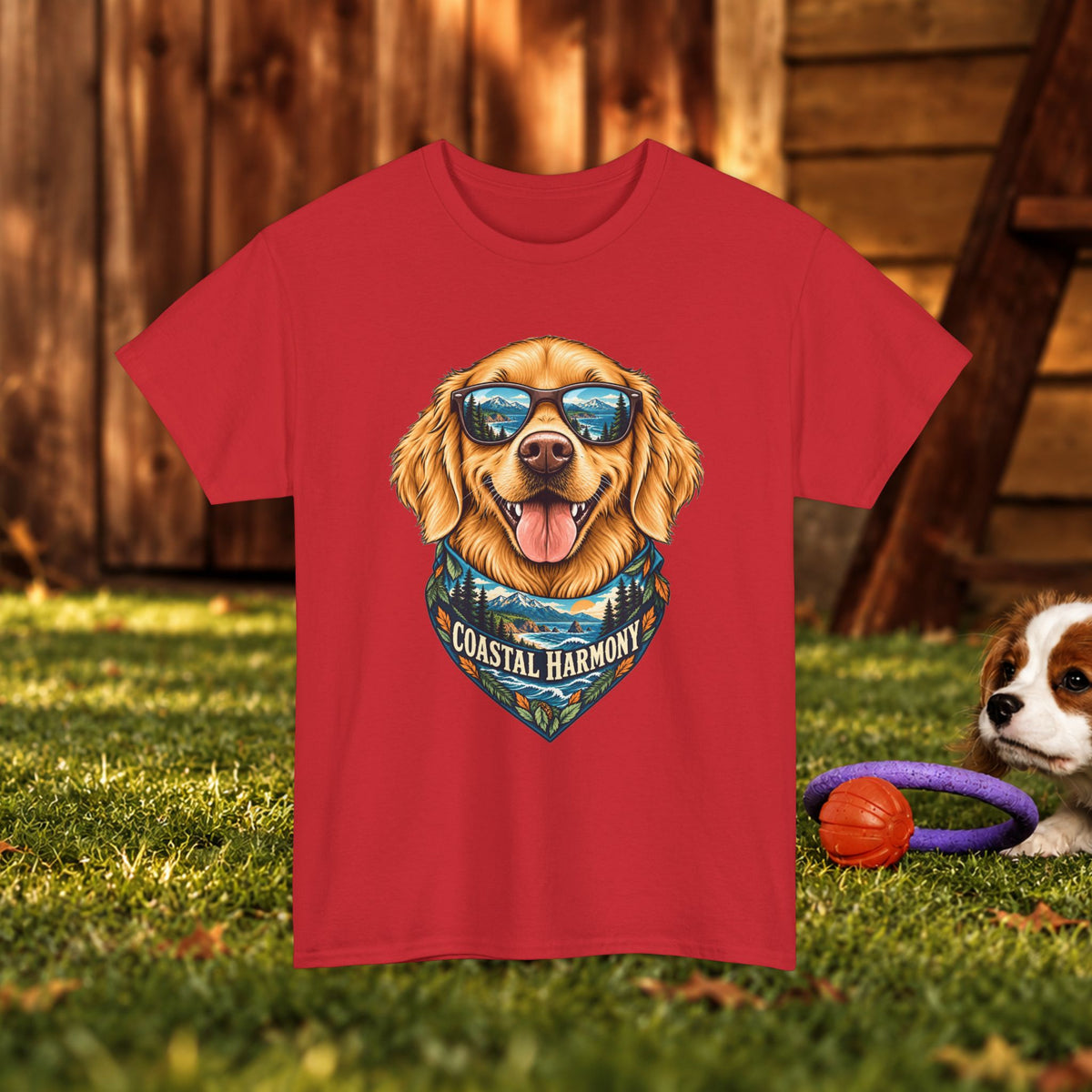 Golden Retriever Coastal Harmony T-Shirt — Dog Lover Beach Tee
