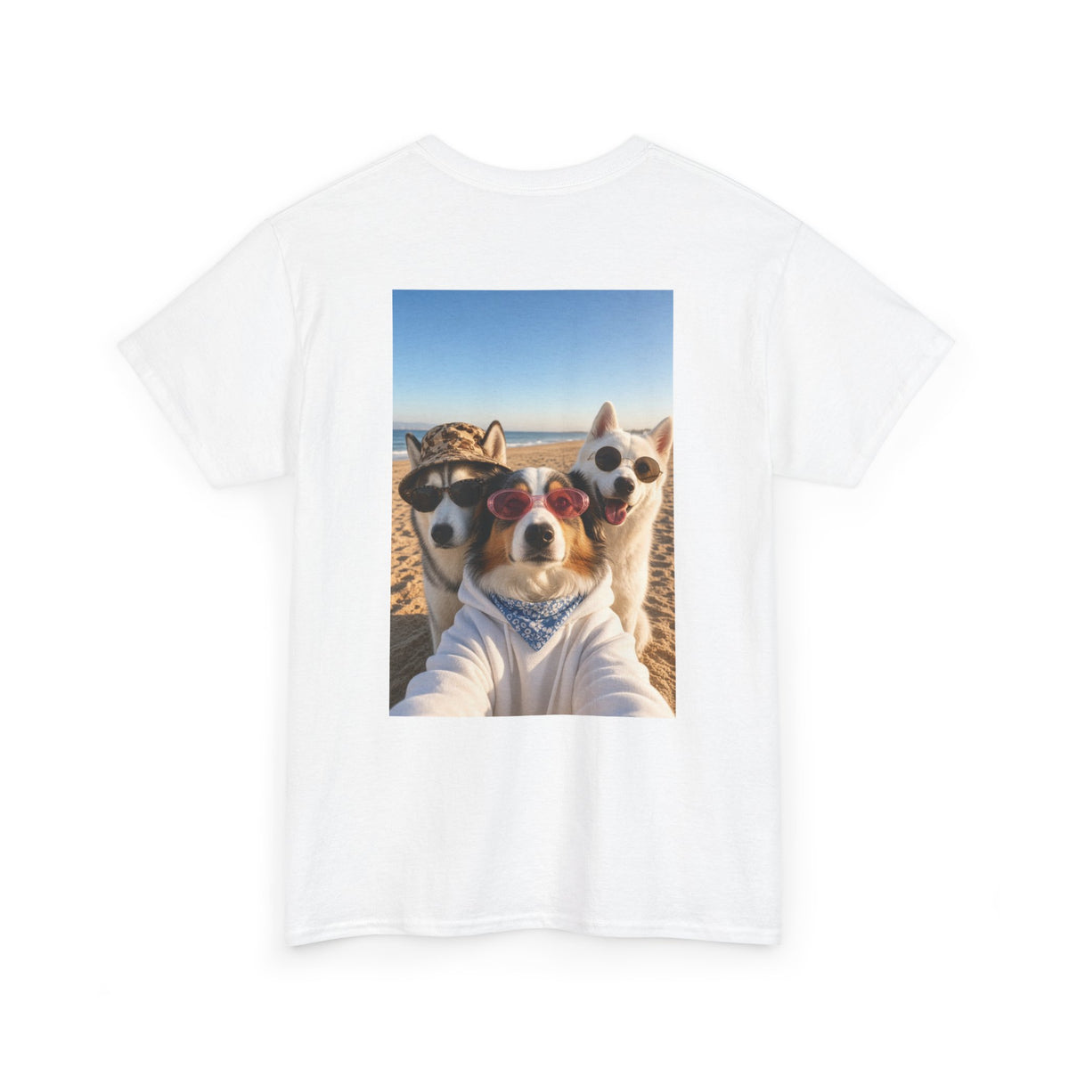 Dog Selfie Beach T‑Shirt — Cute Trio Sunglasses Photo Tee