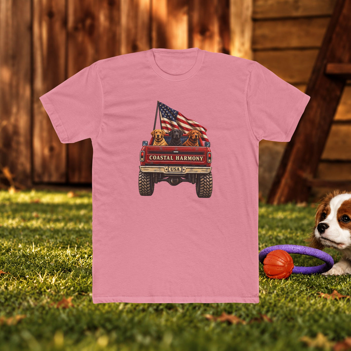 Coastal Harmony USA Golf Cart Tee — Patriotic Dog Truck T-Shirt