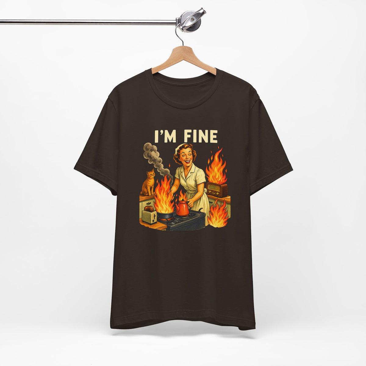 I'm Fine T‑Shirt — Retro Housewife Amid Kitchen Flames Graphic Tee