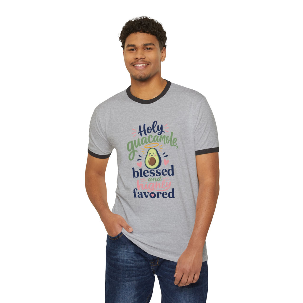 Holy Guacamole Avocado Ringer Tee — "Blessed and Highly Favored" Graphic T-Shirt