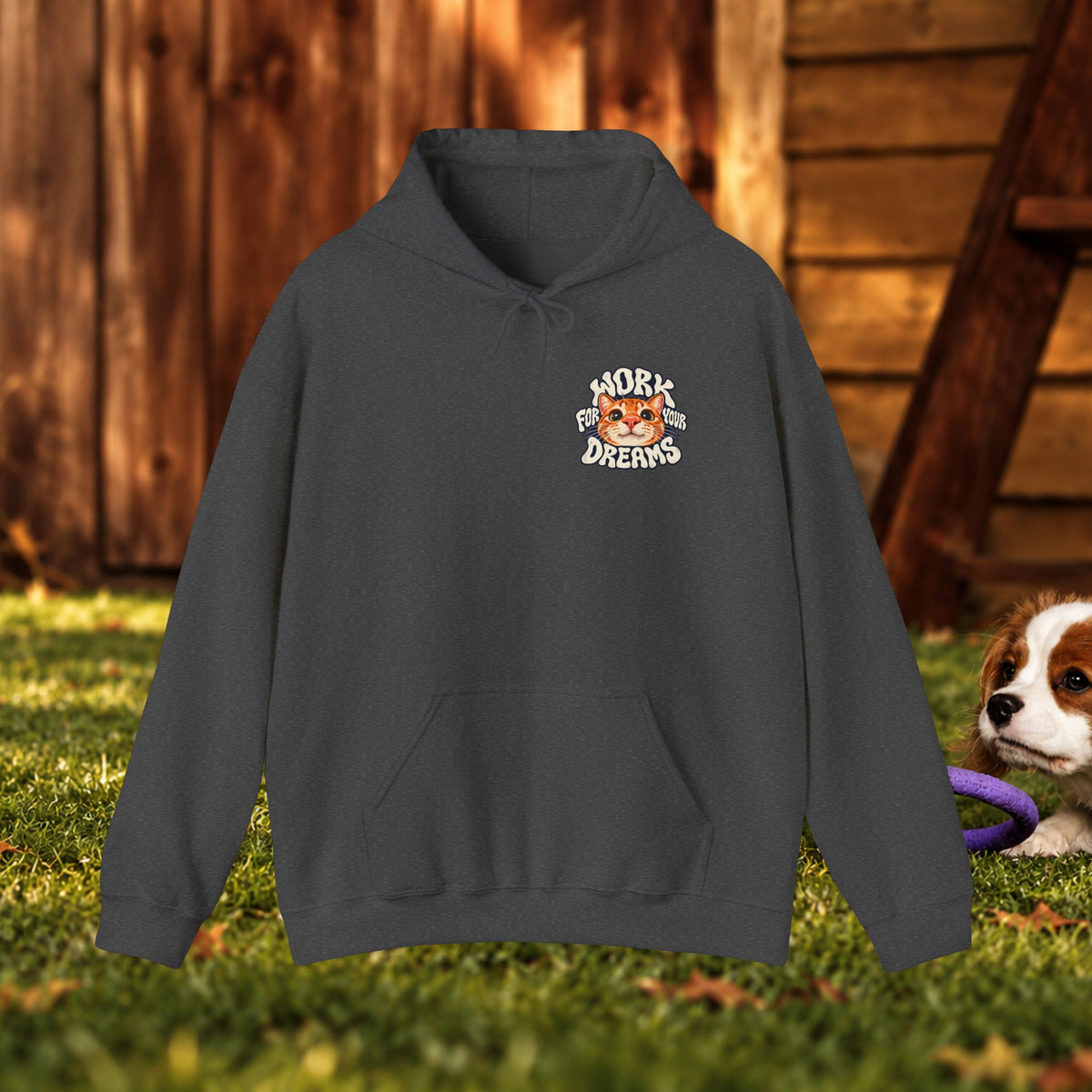 Hoodie - "Work For Your Dreams" Cute Cat Retro Graphic Hooded Sweatshirt