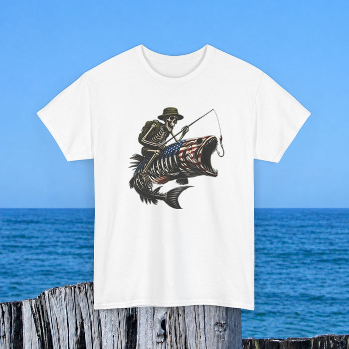 Fishing Skeleton T-Shirt — Patriotic American Fish Skull Graphic Tee