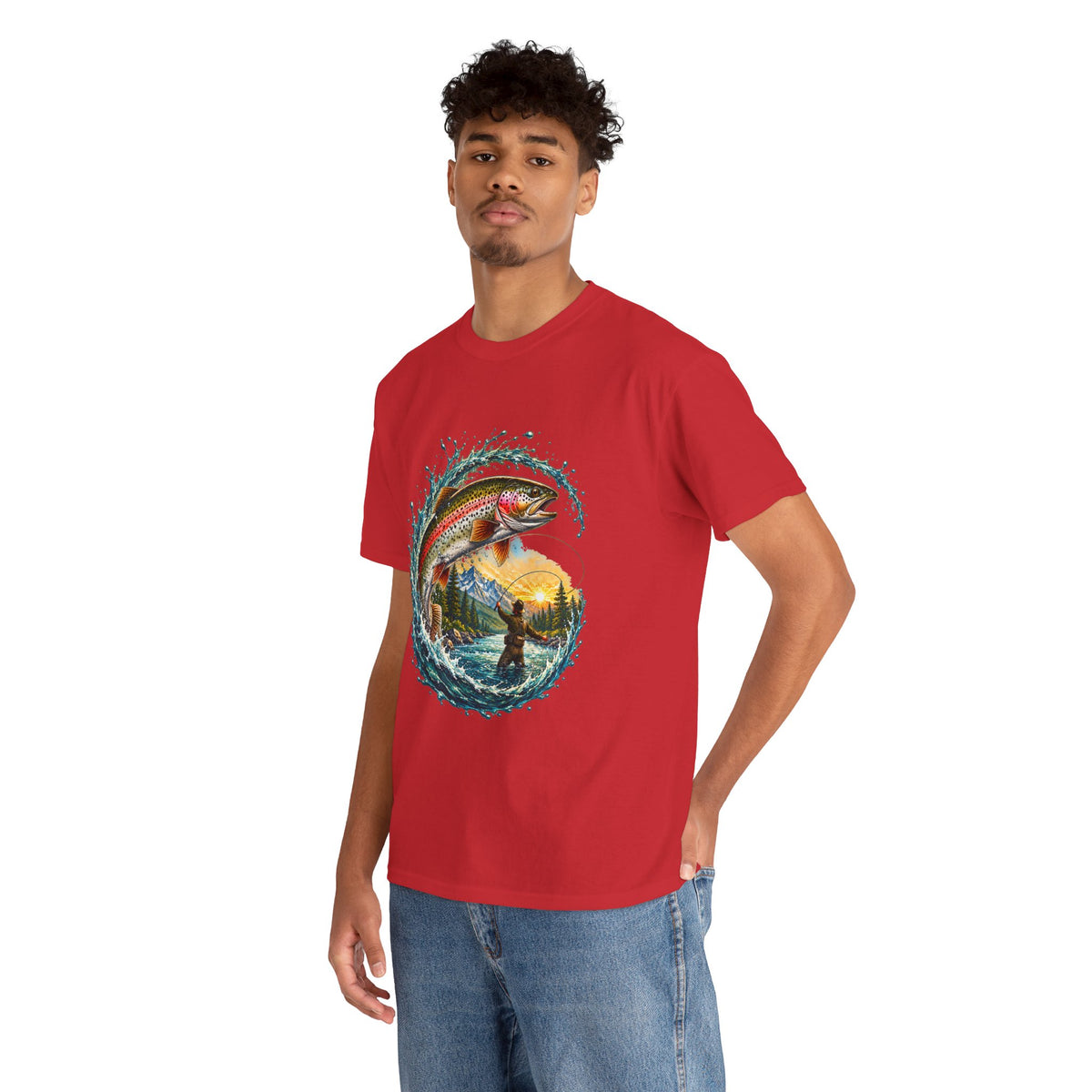 Fishing T-Shirt — Rainbow Trout Wave Design (Fisherman Sunset Scene)