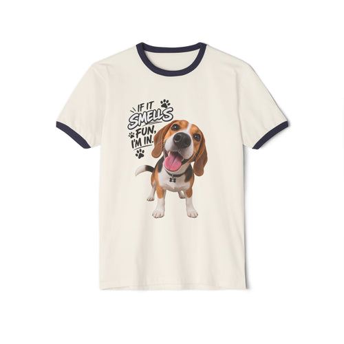 Beagle Smiles Ringer T-Shirt — "If It Smells Fun I'm In" Dog Tee